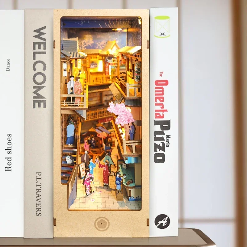 Diy Wooden Book Nook Kit Shelf Insert - Rak Buku Miniatur Kayu Retro Jepang
